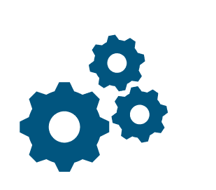 Three blue interlocking gears symbolizing machinery or teamwork.