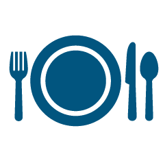 Blue icon of a plate with fork, knife, and spoon.